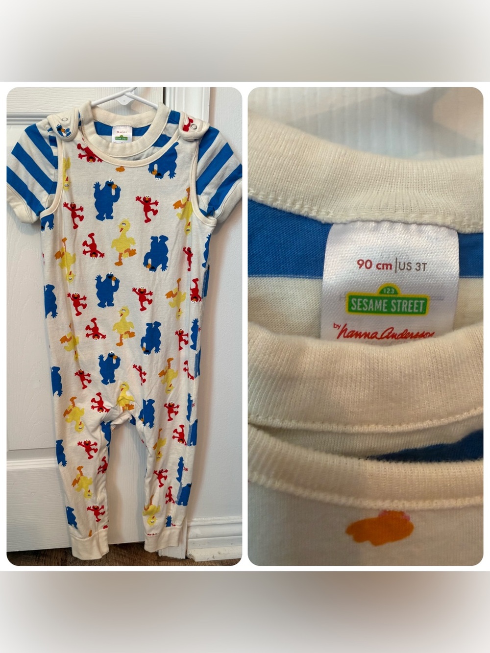 Hanna Andersson White Dungas w/ Sesame Street Characters & Matching Stripe Shirt